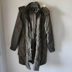 H&M Coat Olive Green Fur Hooded Puffer Parka Jacket Size S Vintage Y2k